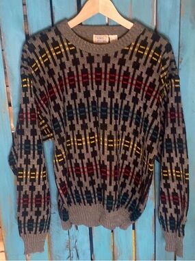 Robert Bruce acrylic crewneck sweater size large gray black yellow red turquoise